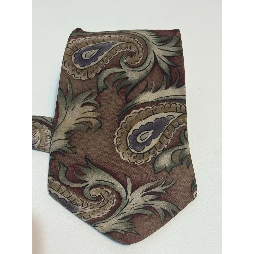 Vintage Via Veneto Silk Tie Mens Brown Purple Paisley Dark Academia Boho 90s WPL